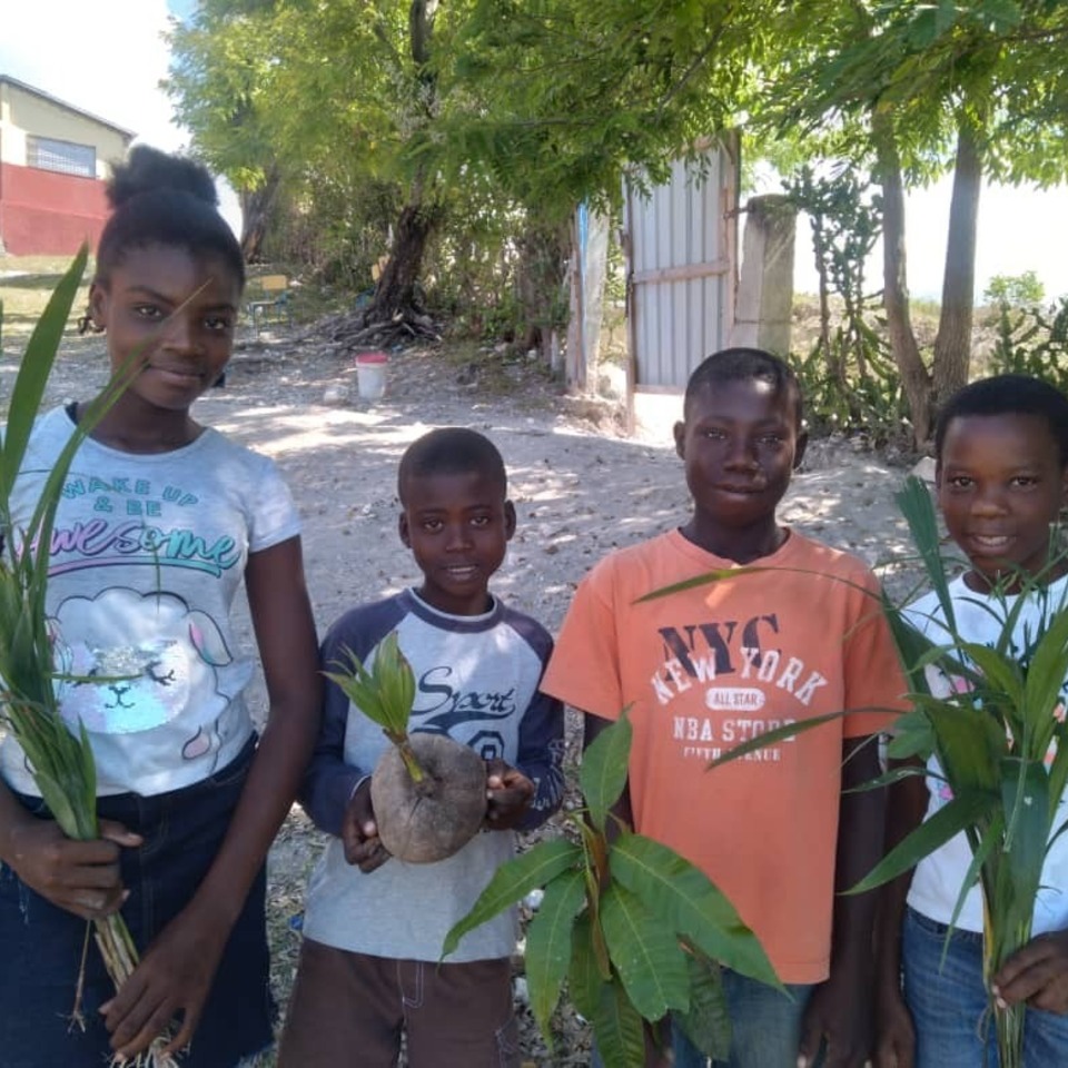 A group of kids holding plants in their hands.