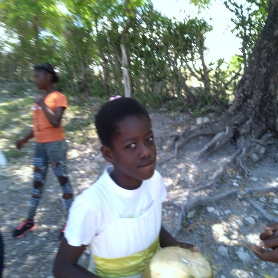 A young girl holding a frisbee in front of a tree.