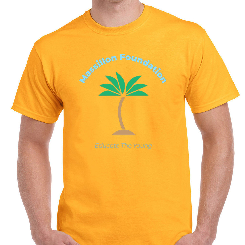 A man wearing a yellow t-shirt with a palm tree on it.