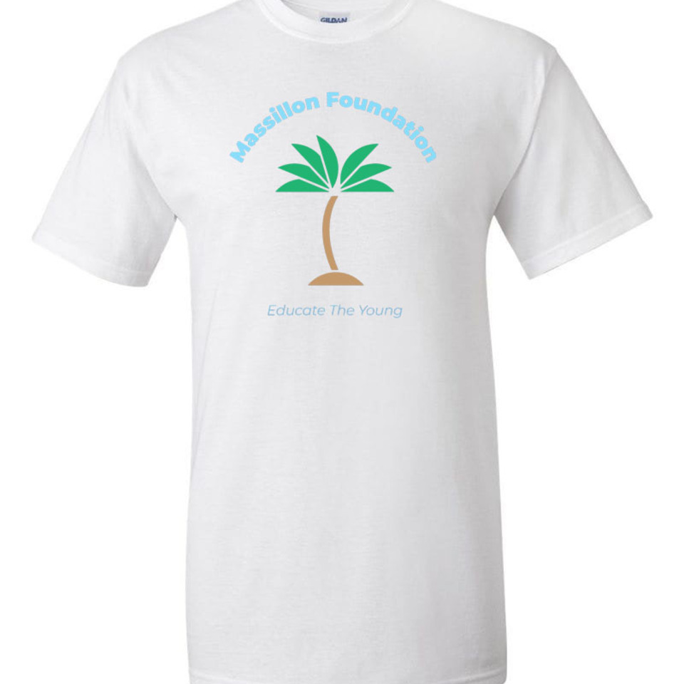 A white t-shirt with a palm tree and the words " somewhere, somewhere."