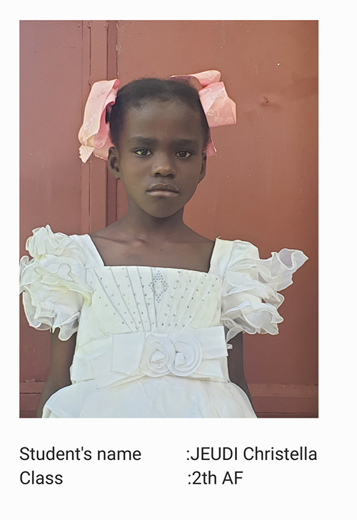 A young girl in white dress with pink bow.